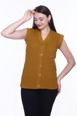 ENOV Solid V Neck Casual Women Gold Sweater