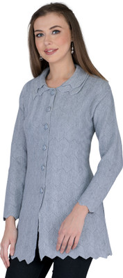 Luciana Self Design Collared Neck Party Women Grey Sweater