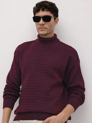 Roadster Self Design Turtle Neck Casual Men Purple Sweater