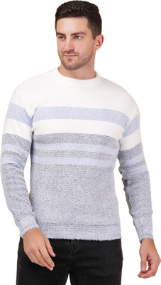 FUKUSO Printed Round Neck Casual Men Blue Sweater