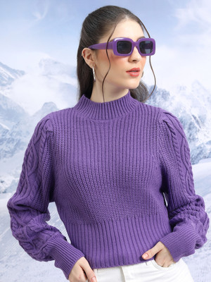 Tokyo Talkies Solid High Neck Casual Women Purple Sweater