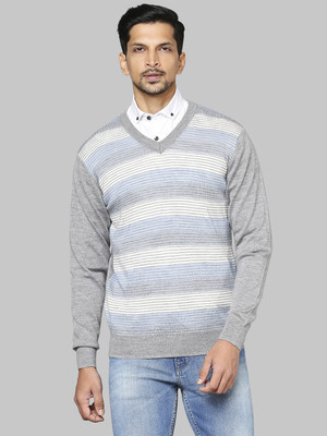 Raymond Solid V Neck Casual Men Grey Sweater