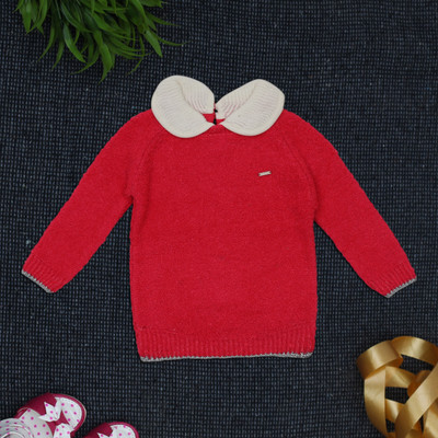 Yellow Apple Solid Round Neck Casual Girls Red Sweater
