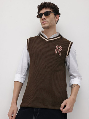 Roadster Self Design V Neck Casual Men Brown Sweater