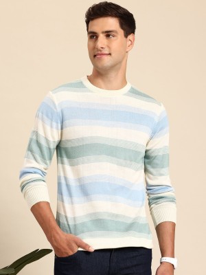 Mast & Harbour Striped Round Neck Casual Men White Sweater