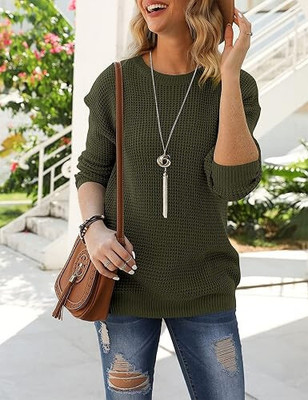 ColorChakra Self Design Round Neck Casual Women Dark Green Sweater