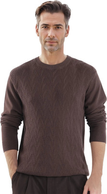 RARE RABBIT Solid Round Neck Casual Men Brown Sweater