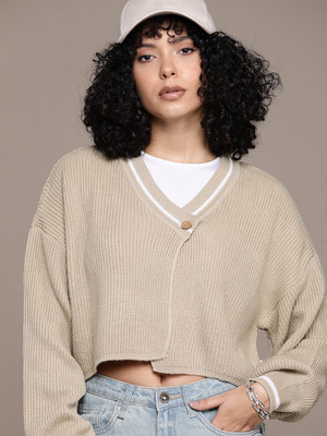 Roadster Solid V Neck Casual Women Beige Sweater