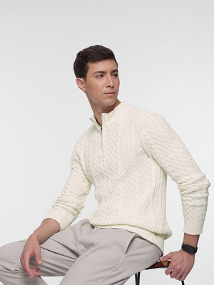 French Connection Self Design High Neck Casual Men White Sweater