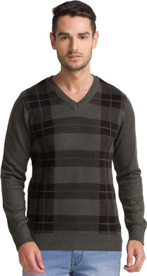 PARX Checkered V Neck Casual Men Green Sweater