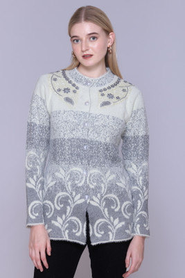 FASHSTORE Floral Print Mandarin Neck Casual Women Beige Sweater