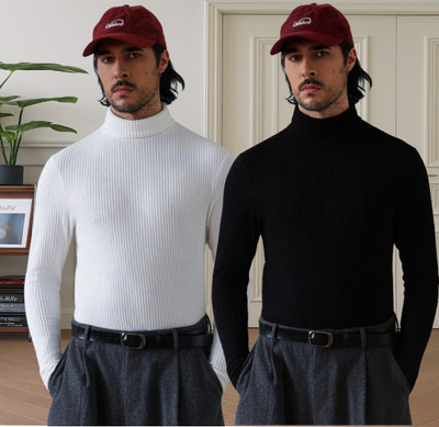 Madilyn Striped High Neck Casual Men White, Black Sweater