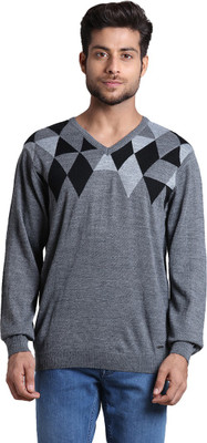 PARK AVENUE Argyle V Neck Casual Men Grey Sweater