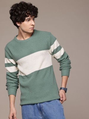 Roadster Striped Round Neck Casual Men Green Sweater