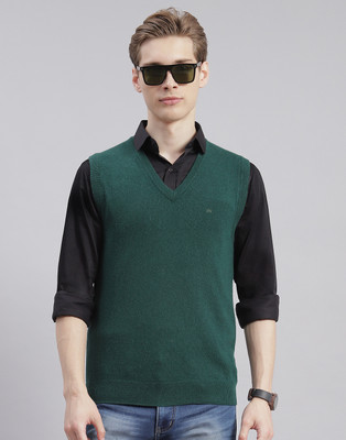 MONTE CARLO Solid V Neck Casual Men Green Sweater