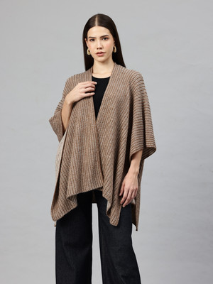 PIERRE CARLO Self Design V Neck Casual Women Brown Sweater