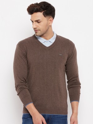 DUKE Solid V Neck Casual Men Brown Sweater