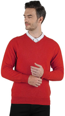 manra Solid V Neck Casual Men Red Sweater