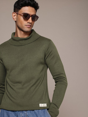 Roadster Self Design Turtle Neck Casual Men Green Sweater