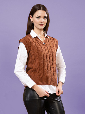 CHEMISTRY Embroidered V Neck Casual Women Brown Sweater