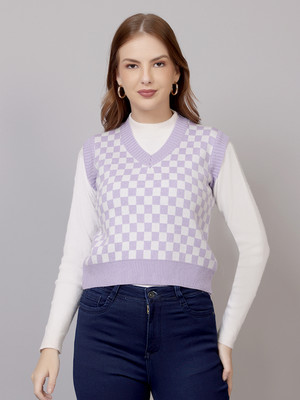 FEVERFEW Checkered V Neck Casual Women Purple Sweater