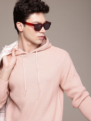 WROGN Self Design Hooded Neck Casual Men Pink Sweater