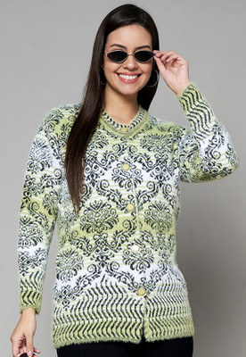 eWools Paisley High Neck Casual Women Green Sweater