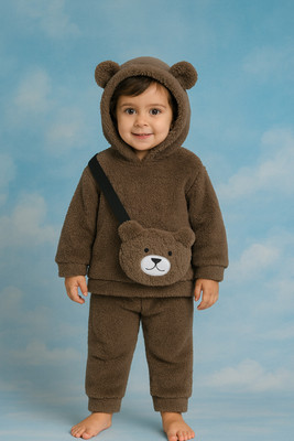 Funday Fashion Solid Hooded Neck Casual Baby Boys & Baby Girls Brown Sweater