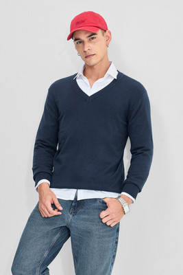 Snitch Solid V Neck Casual Men Dark Blue Sweater