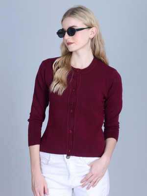 OBAAN Self Design Round Neck Casual Women Maroon Sweater