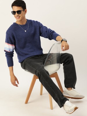 Mast & Harbour Solid Round Neck Casual Men Blue Sweater