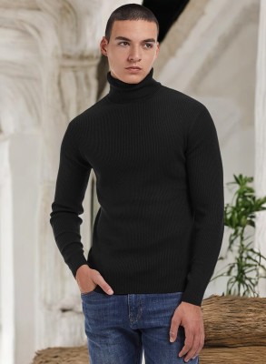 VIOUR Solid Turtle Neck Casual Men Black Sweater