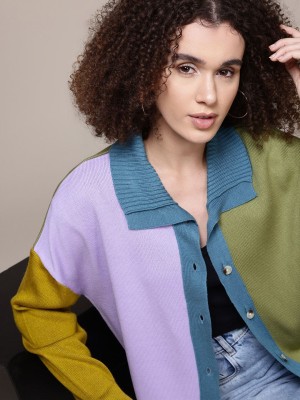 Roadster Colorblock Collared Neck Casual Women Multicolor Sweater