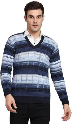 MUSKAN KNITWEAR Striped V Neck Casual Men Blue Sweater