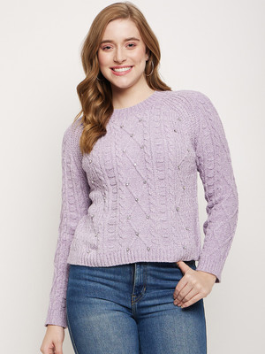 MADAME Self Design Round Neck Casual Women Purple Sweater