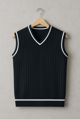 MEAVYIL Self Design V Neck Casual Men Black Sweater