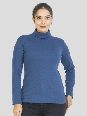 YHA Solid Turtle Neck Casual Women Blue Sweater