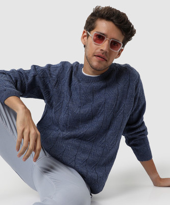 CAMPUS SUTRA Striped Round Neck Casual Men Blue Sweater