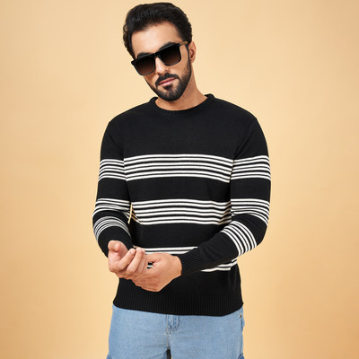 YU by Pantaloons Woven Round Neck Casual Men Black, White Sweater