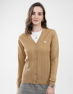 MONTE CARLO Self Design V Neck Casual Women Brown Sweater