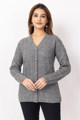 Dodge Self Design V Neck Casual Women Grey Sweater