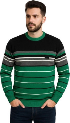 IRA CHOICE Striped Round Neck Casual Men Black Sweater