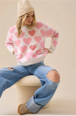 Eddicted Printed Round Neck Casual Women Pink Sweater