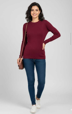 vax vax Solid Round Neck Casual Women Maroon Sweater