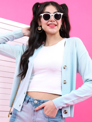 Tokyo Talkies Solid Casual Women Blue Sweater