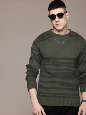 Roadster Striped Round Neck Casual Men Green Sweater