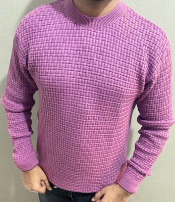FASHLOOK Solid Round Neck Casual Men Purple Sweater