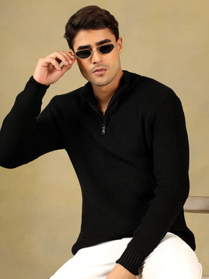 KVETOO Solid High Neck Casual Men Black Sweater