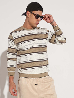 SHOWOFFFF Striped Round Neck Casual Men Brown, White, Beige Sweater
