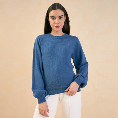 SALT ATTIRE Self Design Round Neck Casual Women Blue Sweater